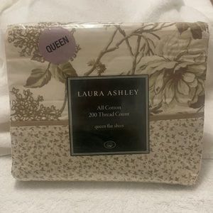 LAURA ASHLEY Brompton Flat Sheet Queen Size Green Brown Cream Floral NEW